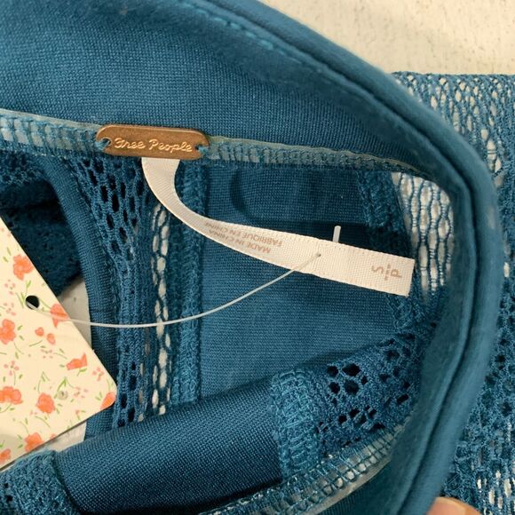 Free People It's Now or Never Mini Dress Women Size S Teal Bell Sleeves Fish Net - Picture 7 of 13